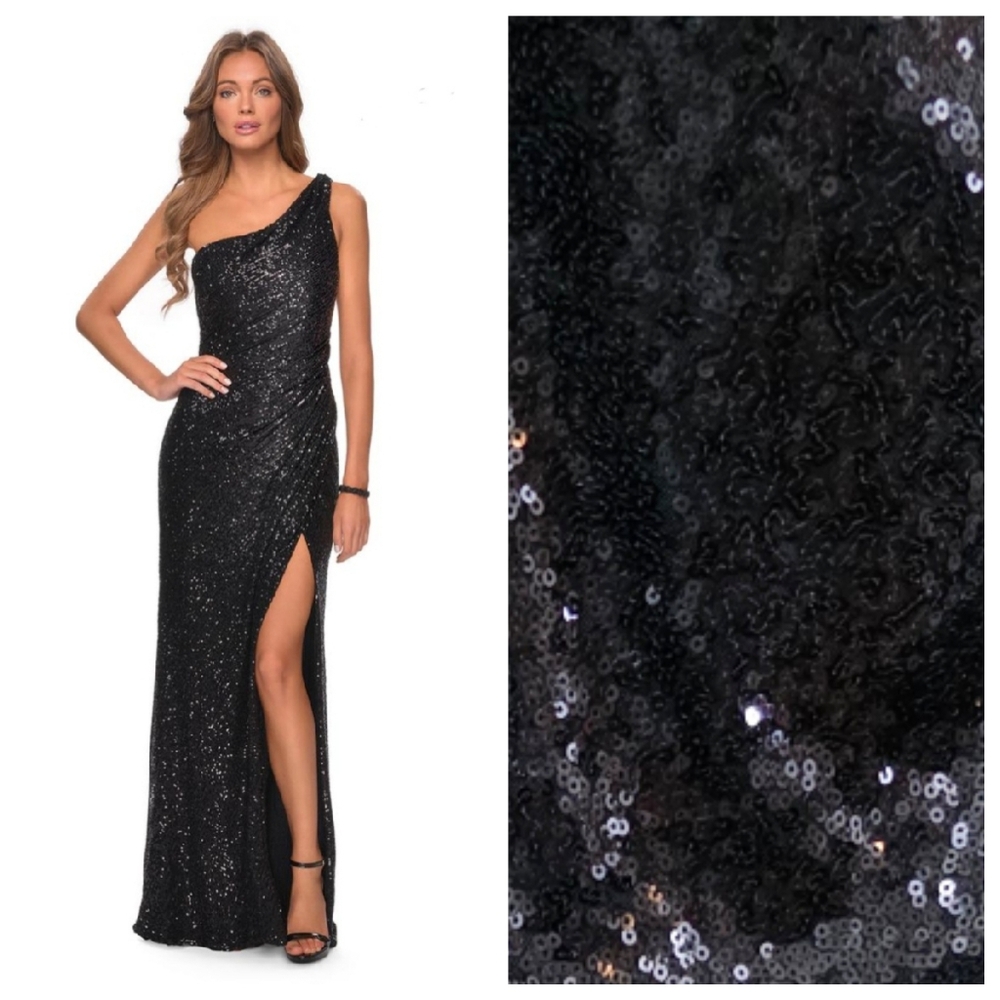 Faviana Black Full Sequin One Shoulder High Slit Maxi Dress Long Gown
